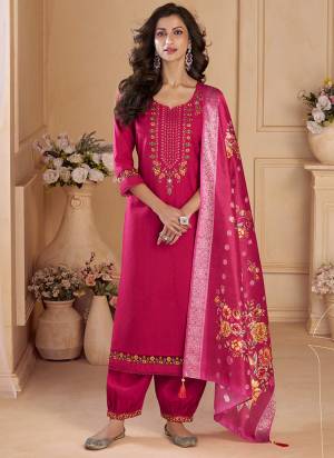 Attrective These Beautiful Looking Readymade Suits.These Top And Bottom Are Viscose Silk And Dupatta Are Organza Fabricated.Its Beautified  With Disigner Embroidery,Hand Work And Woven Disigner Printed Dupatta.