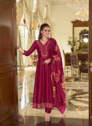 Garb These Beautiful Looking Readymade Suits.These Top Are Vichitra Silk And Bottom Are Vichitra Silk And Dupatta Are Russion Silk Fabricated.Its Beautified With Designer  Embroidery,Hand Work With Digital Printed Dupatta.