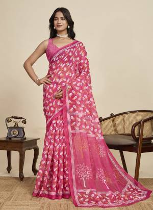 Looking This Party Wear  Saree Paired With Blouse.This Saree And Blouse Are Linen Fabricated With Wevon Jari Border With Designer Digital Printed. Buy This Pretty Saree Now.