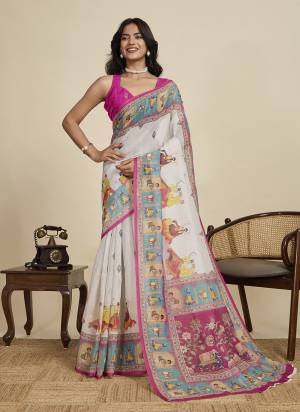 Looking This Party Wear  Saree Paired With Blouse.This Saree And Blouse Are Linen Fabricated With Wevon Jari Border With Designer Digital Printed. Buy This Pretty Saree Now.