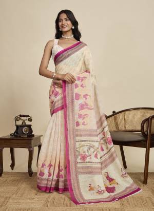 Looking This Party Wear  Saree Paired With Blouse.This Saree And Blouse Are Linen Fabricated With Wevon Jari Border With Designer Digital Printed. Buy This Pretty Saree Now.
