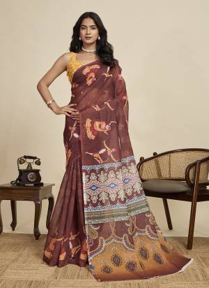 Looking This Party Wear  Saree Paired With Blouse.This Saree And Blouse Are Linen Fabricated With Wevon Jari Border With Designer Digital Printed. Buy This Pretty Saree Now.