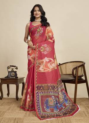 Looking This Party Wear  Saree Paired With Blouse.This Saree And Blouse Are Linen Fabricated With Wevon Jari Border With Designer Digital Printed. Buy This Pretty Saree Now.