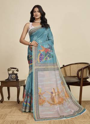 Looking This Party Wear  Saree Paired With Blouse.This Saree And Blouse Are Linen Fabricated With Wevon Jari Border With Designer Digital Printed. Buy This Pretty Saree Now.