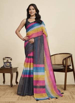 Looking This Party Wear  Saree Paired With Blouse.This Saree And Blouse Are Linen Fabricated With Wevon Jari Border With Designer Digital Printed. Buy This Pretty Saree Now.