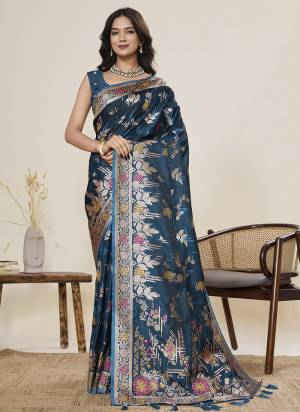 Looking This Party Wear Saree Paired With Blouse.This Saree And Blouse Are Two Tone Satin Silk Fabric With Woven Jari With Meenakari Designer. Buy This Pretty Saree Now.