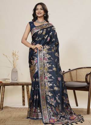 Looking This Party Wear Saree Paired With Blouse.This Saree And Blouse Are Two Tone Satin Silk Fabric With Woven Jari With Meenakari Designer. Buy This Pretty Saree Now.