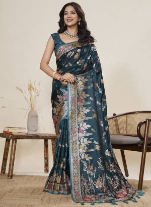Looking This Party Wear Saree Paired With Blouse.This Saree And Blouse Are Two Tone Satin Silk Fabric With Woven Jari With Meenakari Designer. Buy This Pretty Saree Now.