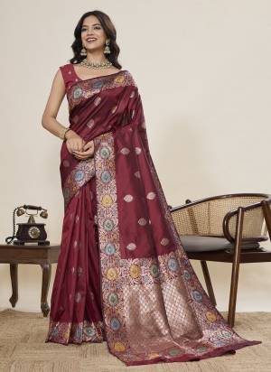 Looking This Party Wear Saree Paired With Blouse.This Saree And Blouse Are Soft Silk Fabric With Woven Jacquard Designer. Buy This Pretty Saree Now.