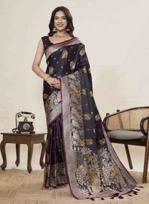 Attractive This Party Wear Saree Paired With Blouse.This Saree And Blouse Are Two Tone Satin Silk Fabric With Woven Jari With Meenakari Paithani Designer. Buy This Pretty Saree Now.