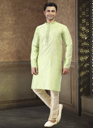 Looking These Party Wear Mans Wear Kutra Payjama wearing this fashionable. These Kurta Are Jacquard Silk And Payjama Art Silk finest Fabriced With Woven Designer With Mirror,Thread Embroidery Work.