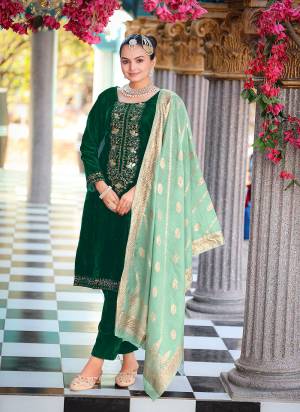 Attrective Looking These Party Wear Suit in Fine Colored Pair With Bottom And Dupatta.These Top Are Velvet And Dupatta Are Fabricated On Jacquard Silk Pair With Velvet Bottom.Its Beautified With Woven Jari Designer With Embroidery Work.