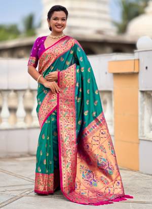 Garb These Party Wear Saree in Fine Colored.These Saree Are Paithani Silk And Blouse is Fabricated On Paithani Silk.Its Beautified With Weaving Jacquard Meenakari Designer.