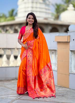 Attractive These Party Wear Saree in Fine Colored.These Saree Are Paithani Silk And Blouse is Fabricated On Paithani Silk.Its Beautified With Weaving Jacquard Meenakari Designer.