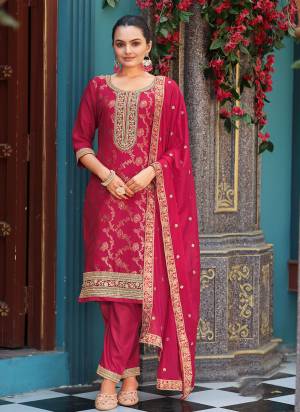 Attrective Looking These Party Wear Suit in Fine Colored Pair With Bottom And Dupatta.These Top Are Viscose Jacquard And Dupatta Are Fabricated On Chinon Pair With Santoon Bottom.Its Beautified With Woven Designer With Embroidery Work.