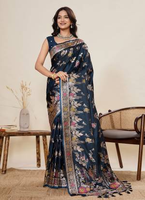 Looking This Party Wear Saree Paired With Blouse.This Saree And Blouse Are Two Tone Satin Silk Fabric With Woven Jari With Meenakari Designer. Buy This Pretty Saree Now.