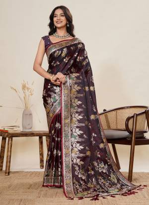 Looking This Party Wear Saree Paired With Blouse.This Saree And Blouse Are Two Tone Satin Silk Fabric With Woven Jari With Meenakari Designer. Buy This Pretty Saree Now.
