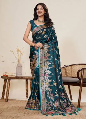 Looking This Party Wear Saree Paired With Blouse.This Saree And Blouse Are Two Tone Satin Silk Fabric With Woven Jari With Meenakari Designer. Buy This Pretty Saree Now.