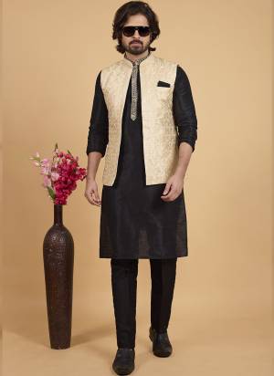 Looking These Party Wear Mans Wear Top Bottom With Jacket wearing this fashionable. Tailored Top Bottom Are Banarasi Silk And Jacket On Art Silk Fabriced With Solid With Designer Mirror Embroidery Work Jacket.