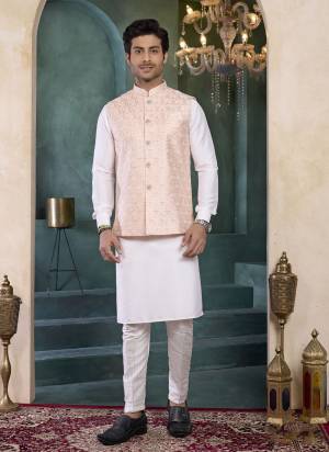 Looking These Party Wear Mans Wear Top Bottom With Jacket wearing this fashionable. Tailored Top Bottom Are Banarasi Silk And Jacket On Art Silk Fabriced With Solid With Designer Embroidery Work Jacket.