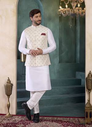 Looking These Party Wear Mans Wear Top Bottom With Jacket wearing this fashionable. Tailored Top Bottom Are Banarasi Silk And Jacket On Art Silk Fabriced With Solid With Designer Embroidery Work Jacket.