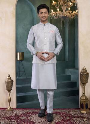 Looking These Party Wear Mans Wear Top Bottom With Jacket wearing this fashionable. Tailored Top Bottom Are Banarasi Silk And Jacket On Art Silk Fabriced With Solid With Designer Embroidery Work Jacket.