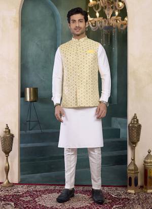 Looking These Party Wear Mans Wear Top Bottom With Jacket wearing this fashionable. Tailored Top Bottom Are Banarasi Silk And Jacket On Art Silk Fabriced With Solid With Woven Designer Jacket.