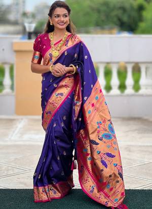 Looking These Party Wear Saree in Fine Colored.These Saree And Blouse is Fabricated On Soft Silk.Its Beautified With Weaving Meenakari Paithani Designer.