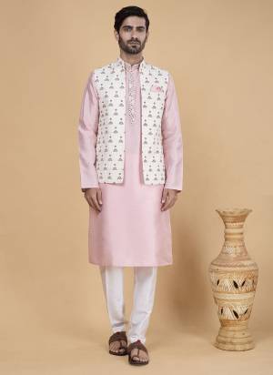 Looking These Party Wear Mans Wear Top Bottom With Jacket wearing this fashionable. Tailored Top Bottom Are Banarasi Silk And Jacket On Art Silk Fabriced With Solid With Designer Embroidery Work Jacket.
