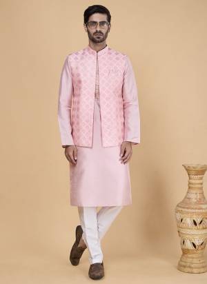 Looking These Party Wear Mans Wear Top Bottom With Jacket wearing this fashionable. Tailored Top Bottom Are Banarasi Silk And Jacket On Art Silk Fabriced With Solid With Designer Embroidery Work Jacket.