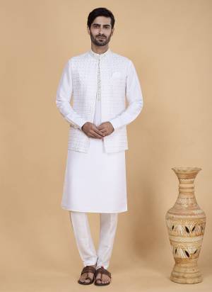 Looking These Party Wear Mans Wear Top Bottom With Jacket wearing this fashionable. Tailored Top Bottom Are Banarasi Silk And Jacket On Art Silk Fabriced With Solid With Designer Embroidery Work Jacket.