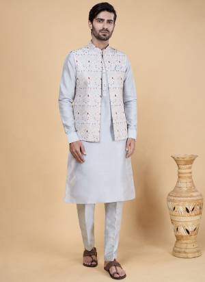 Looking These Party Wear Mans Wear Top Bottom With Jacket wearing this fashionable. Tailored Top Bottom Are Banarasi Silk And Jacket On Art Silk Fabriced With Solid With Designer Embroidery Work Jacket.