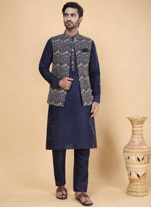 Looking These Party Wear Mans Wear Top Bottom With Jacket wearing this fashionable. Tailored Top Bottom Are Banarasi Silk And Jacket On Art Silk Fabriced With Solid With Designer Embroidery Work Jacket.