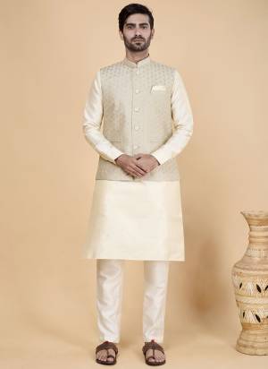 Looking These Party Wear Mans Wear Top Bottom With Jacket wearing this fashionable. Tailored Top Bottom Are Banarasi Silk And Jacket On Art Silk Fabriced With Solid With Designer Embroidery Work Jacket.