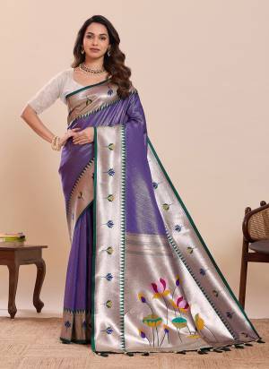 Garb This Party Wear Saree Paired With Blouse.This Saree And Blouse Are Soft Silk Fabric With Woven Paithani Meenakari Designer. Buy This Pretty Saree Now.