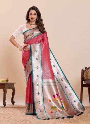 Garb This Party Wear Saree Paired With Blouse.This Saree And Blouse Are Soft Silk Fabric With Woven Paithani Meenakari Designer. Buy This Pretty Saree Now.
