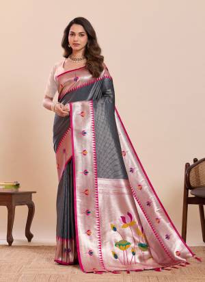 Garb This Party Wear Saree Paired With Blouse.This Saree And Blouse Are Soft Silk Fabric With Woven Paithani Meenakari Designer. Buy This Pretty Saree Now.