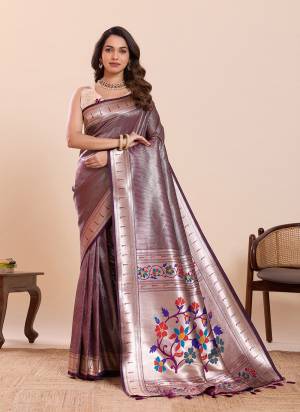 Garb This Party Wear Saree Paired With Blouse.This Saree And Blouse Are Soft Silk Fabric With Woven Paithani Meenakari Designer. Buy This Pretty Saree Now.