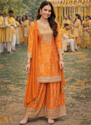 Attrective Looking These Party Wear Plazzo Suit in Fine Colored Pair With Bottom And Dupatta.These Top Are Chinon Silk And Dupatta Are Fabricated On Viscose Pair With Georgette Bottom.Its Beautified With Designer Embroidery Work.