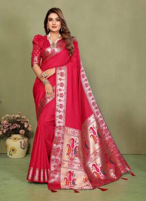 Looking These Festive Party Wear Saree in Fine Colored.These Saree And Blouse is Fabricated On Paithani Silk.Its Beautified With Paithani Pallu Woven Gala Designer.