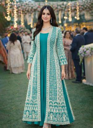  Looking These Party Wear Fine Colored Pair Gown With Jacket.These Gown Are Chinon And Jacket Are Fabricated On Chinon.Its Beautified With Designer Heavy Embroidery Work.