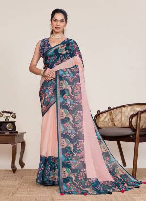 Looking This Party Wear Saree Paired With Blouse.This Saree And Blouse Are Linen Silk Fabric With Woven Jari Border Designer With Printed. Buy This Pretty Saree Now.