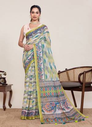 Looking This Party Wear Saree Paired With Blouse.This Saree And Blouse Are Linen Silk Fabric With Woven Jari Border Designer With Printed. Buy This Pretty Saree Now.