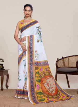 Looking This Party Wear Saree Paired With Blouse.This Saree And Blouse Are Linen Silk Fabric With Woven Jari Border Designer With Printed. Buy This Pretty Saree Now.