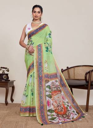 Looking This Party Wear Saree Paired With Blouse.This Saree And Blouse Are Linen Silk Fabric With Woven Jari Border Designer With Printed. Buy This Pretty Saree Now.