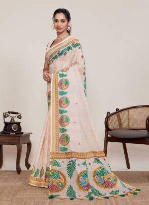 Garb This Party Wear Saree Paired With Blouse.This Saree And Blouse Are Linen Silk Fabric With Woven Jari Border Designer With Printed With Mirror Hand Work. Buy This Pretty Saree Now.