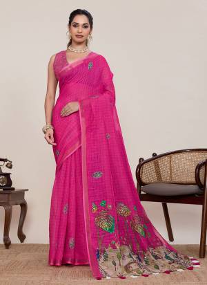 Garb This Party Wear Saree Paired With Blouse.This Saree And Blouse Are Linen Silk Fabric With Woven Jari Border Designer With Printed With Mirror Hand Work. Buy This Pretty Saree Now.