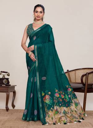 Garb This Party Wear Saree Paired With Blouse.This Saree And Blouse Are Linen Silk Fabric With Woven Jari Border Designer With Printed With Mirror Hand Work. Buy This Pretty Saree Now.