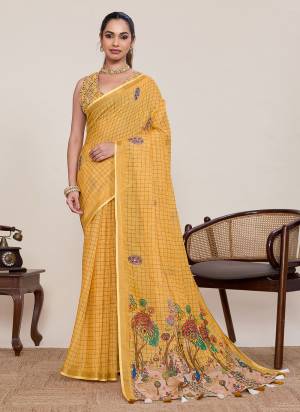 Garb This Party Wear Saree Paired With Blouse.This Saree And Blouse Are Linen Silk Fabric With Woven Jari Border Designer With Printed With Mirror Hand Work. Buy This Pretty Saree Now.