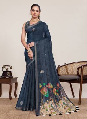 Garb This Party Wear Saree Paired With Blouse.This Saree And Blouse Are Linen Silk Fabric With Woven Jari Border Designer With Printed With Mirror Hand Work. Buy This Pretty Saree Now.